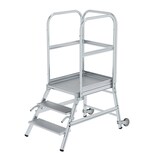 thumbnail of PROREGAL Podesttreppe einseitig begehbar mit Rollen und Griffen | Aluminium geriffelt | 3 Stufen | Rutschsichere Leiterschuhe
