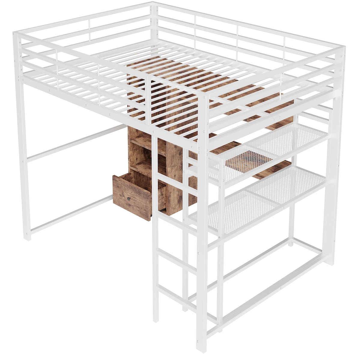 Hochbett 140x200 Metallrahmen mit LED-Beleuchtung, Schreibtisch, 1 Schublade, Regale, Geländer, Stauraum, Multifunktional, Weiß