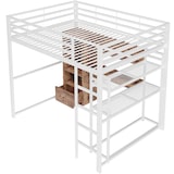 thumbnail of Hochbett 140x200 Metallrahmen mit LED-Beleuchtung, Schreibtisch, 1 Schublade, Regale, Geländer, Stauraum, Multifunktional, Weiß