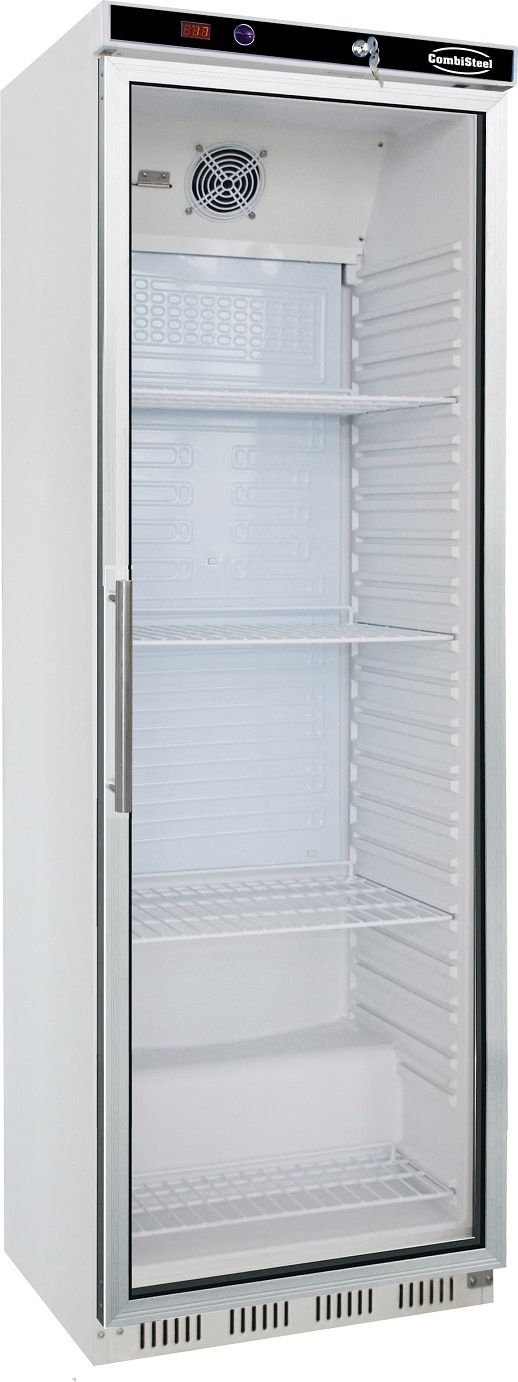Kühlschrank FOSSA | 1x abschließbare Glastür + LED | 350 Liter, HxBxT 185,5x60x58,5cm | +2/+8°C | Weiß + CHEFGASTRO Geschirrtuch