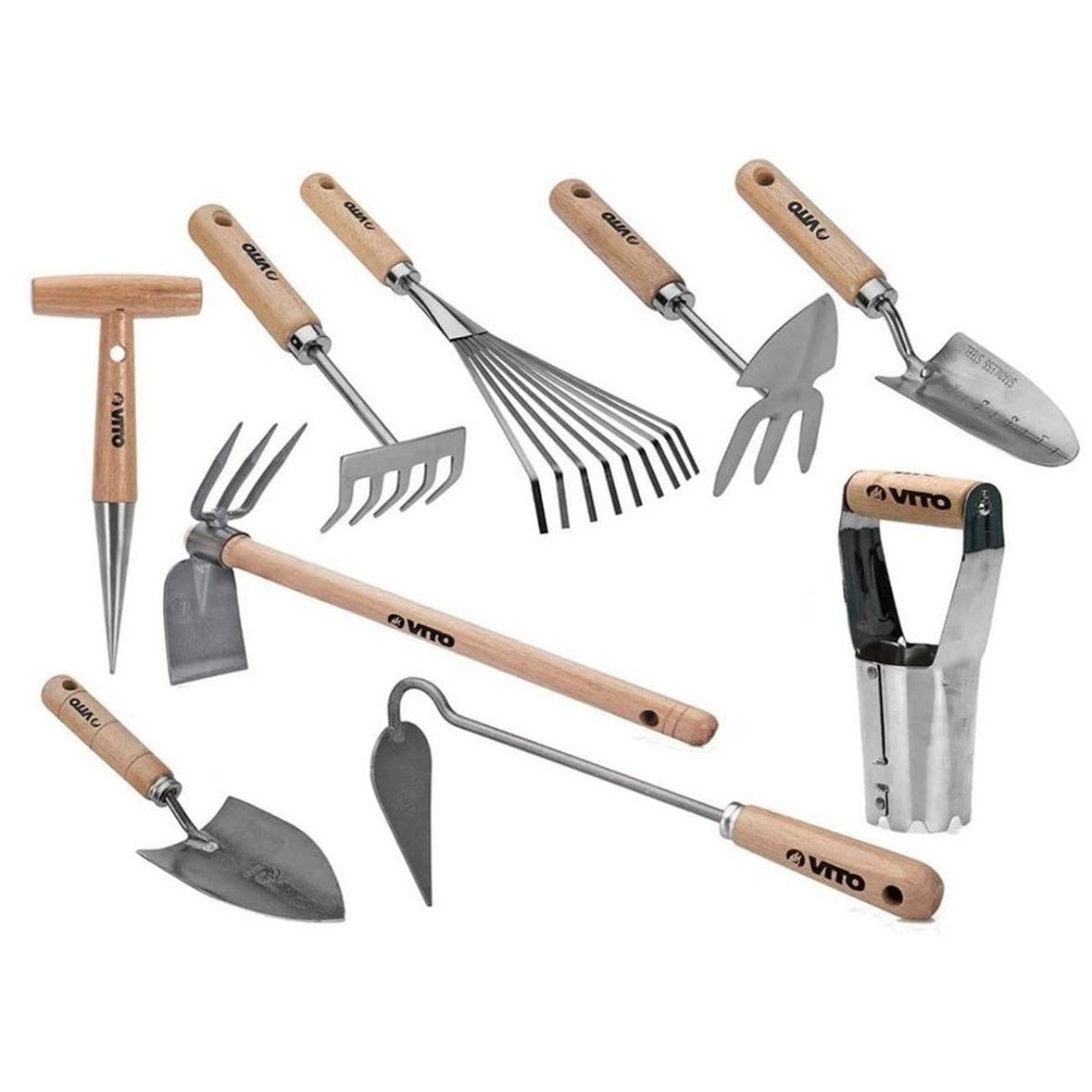 Kit 9 outils de jardin Manche bois Hêtre Inox et Fer forgés à la main  VITO