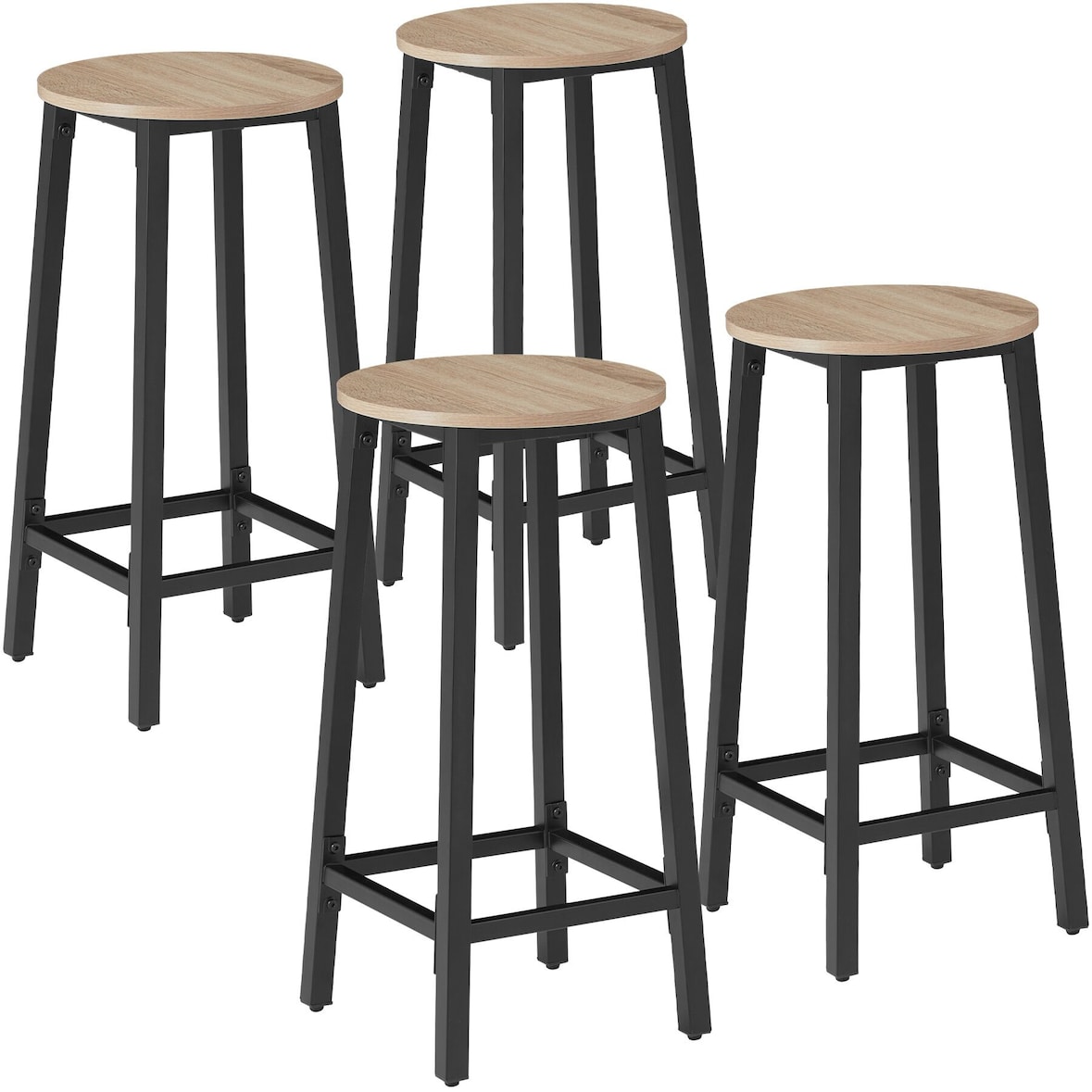 tectake Barkrukken Set 4 Industriële Look Verstelbare Poten Metaal-MDF Lichtkleur Ø32x66cm - 406763