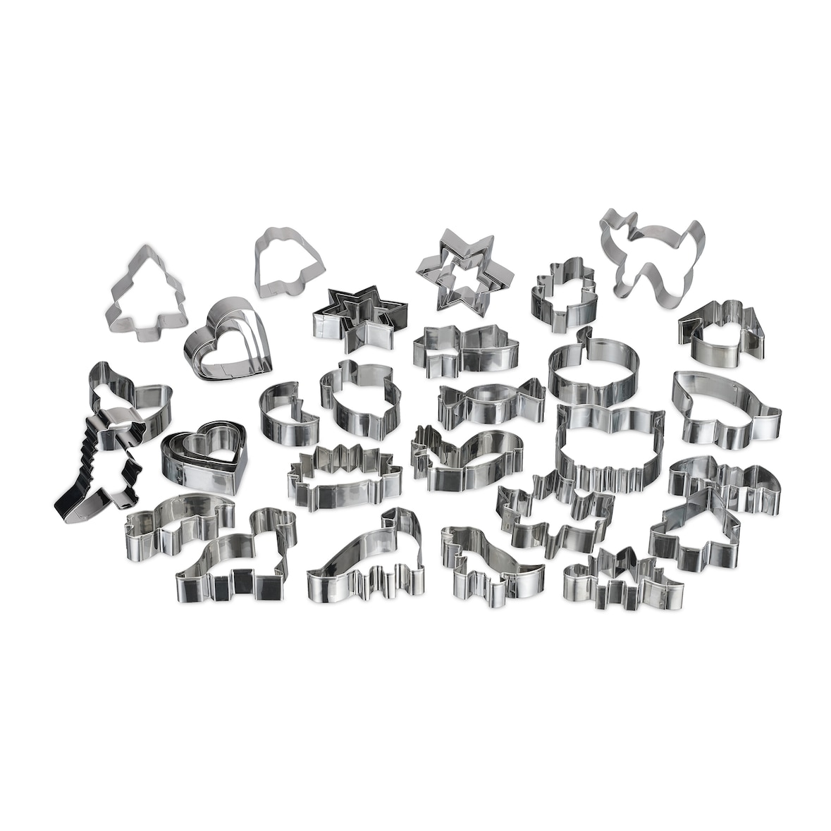 Relaxdays Ausstechformen 36er Set, ganzjährig, Keksausstecher, verschiedene Formen, Plätzchenformen, Edelstahl, silber