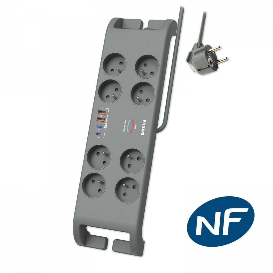 Philips -Multiprise parasurtenseur, 8 prises+2xType-C+2xUSB-A-2m Gris