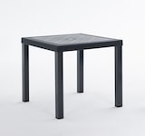 thumbnail of Mesa RAUL 82x82 cm para exterior en aluminio y polipropileno, con patas verticales, borde efecto ratán y orificio para sombrilla – Negro