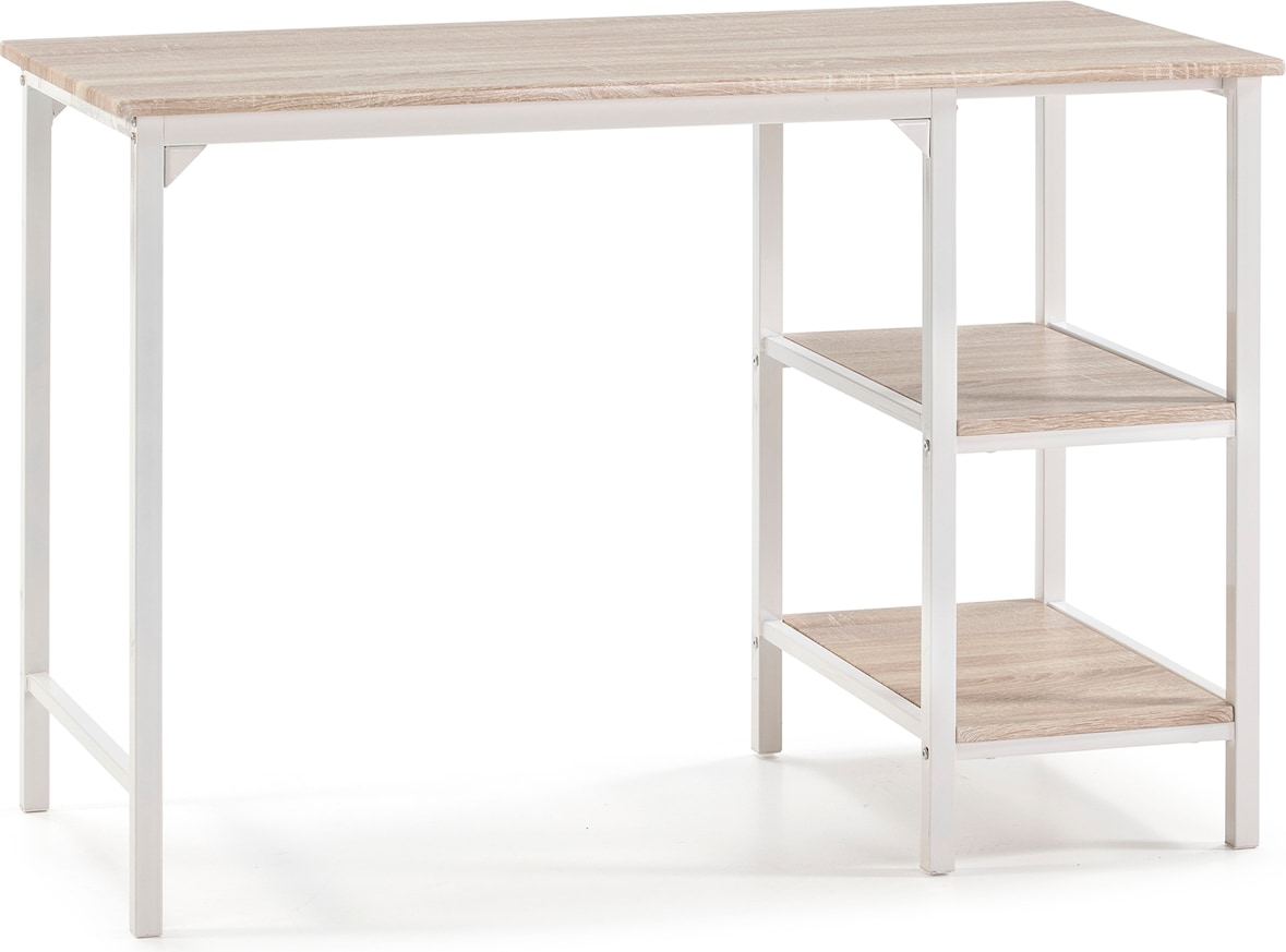 Mesa de Escritorio Colón Blanco, Mesa de Ordenador, 2 estantes, Estilo Industrial, 110 x 55 x 76 cm