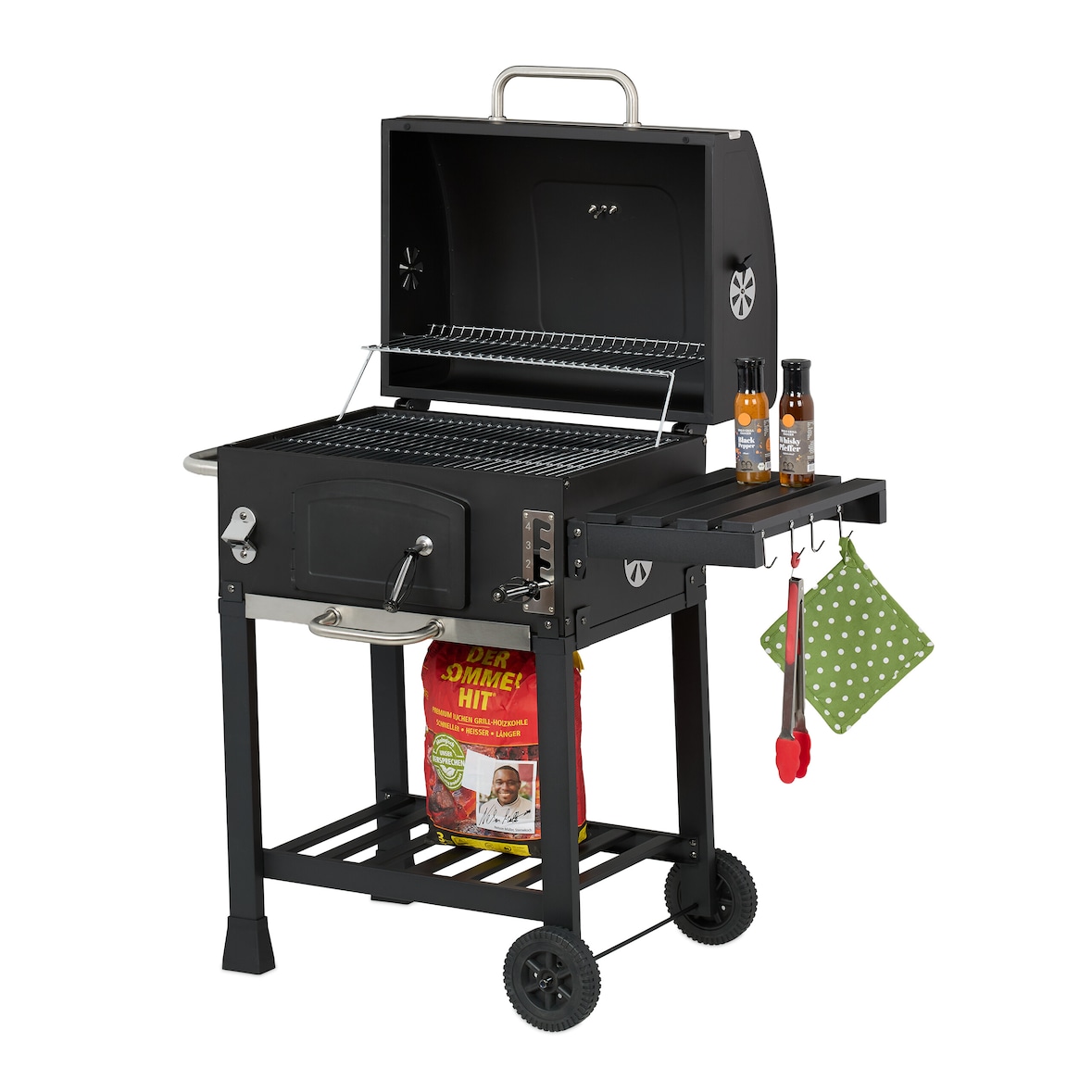 Relaxdays Holzkohlegrill Grillwagen, mit Deckel, BBQ-Grill mit Rädern, höhenverstellbar, Gartengrill XXL, schwarz/silber