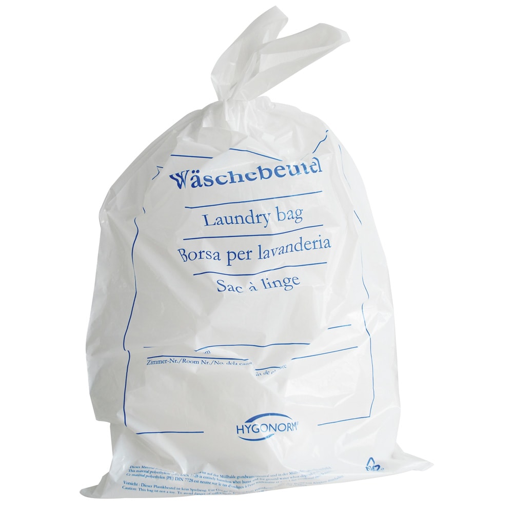 Wäschebeutel Classic einweg 54x38 cm Weiss mit blauem Aufdruck 100 Stück