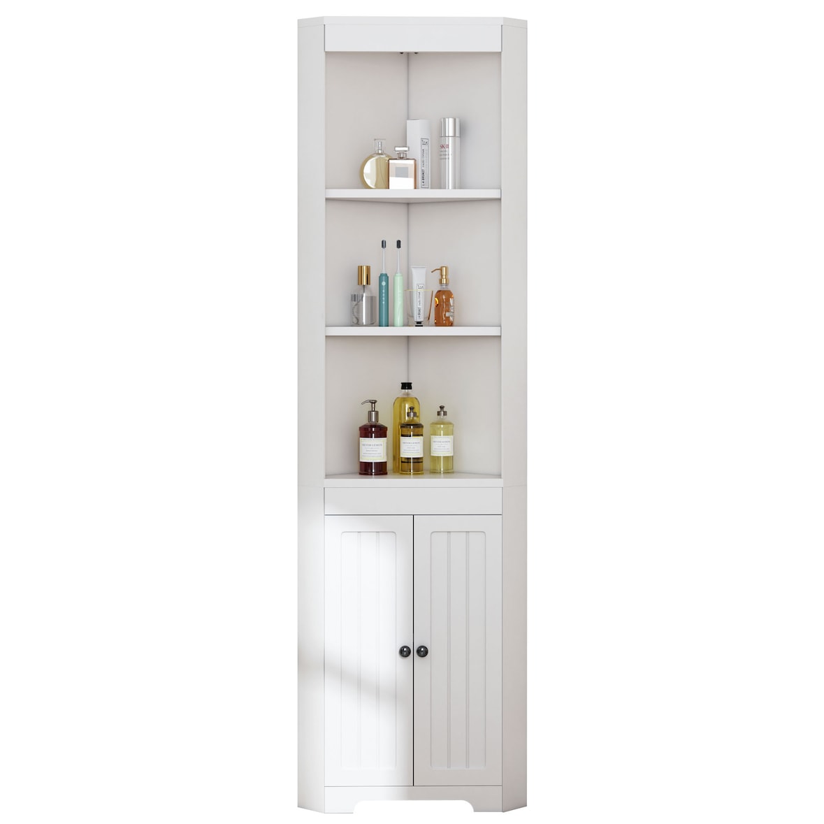 Badezimmer Hochschrank 170x50x26 cm Weiß Eckdesign mit 3 offenen Fächern, 2 Türen und verstellbaren Einlegeböden aus MDF, platzsparend