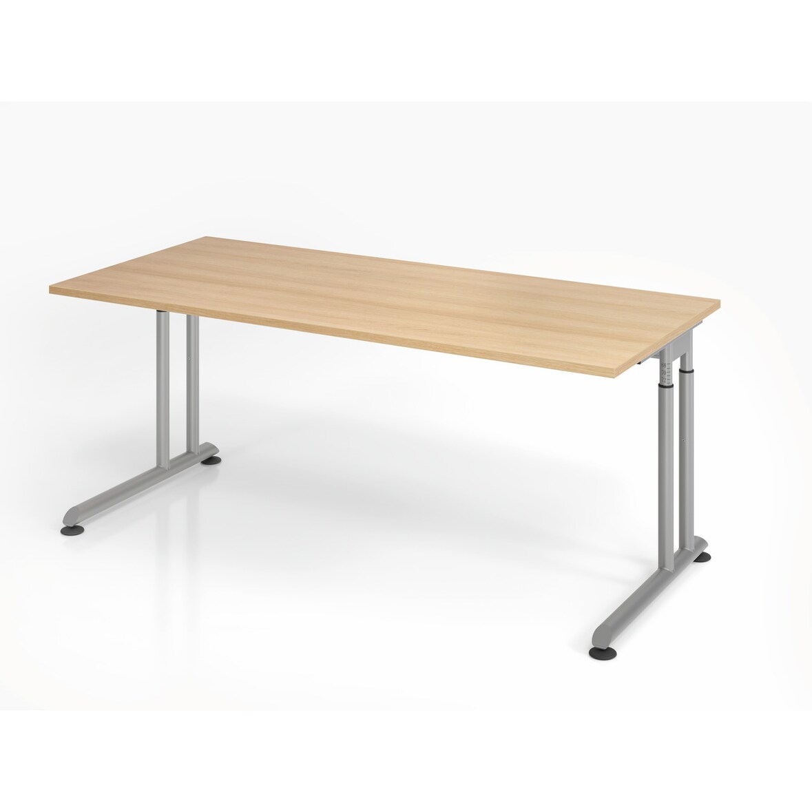 PROREGAL Schreibtisch Nilo | Eiche | Silber Gestell | BxT 180x80cm | Arbeitshöhe 68-82cm | höhenjustierbar, 1cm Raster | C-Fuß-Gestell | Bürotisch