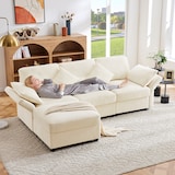 thumbnail of L-förmiges Schlafsofa 218x156x86 cm 3-Sitzer aus Chenille mit Fußhocker, verstellbaren Armlehnen, Stauraum Wohnzimmer Sofa Beige