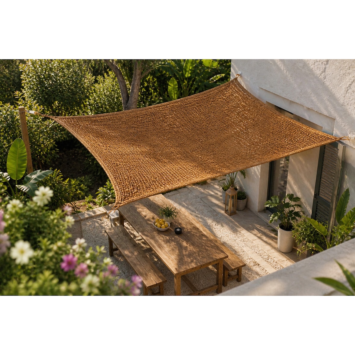 Toldo vela coco natural 3x3 m 60% ocultación para jardín terraza pérgola