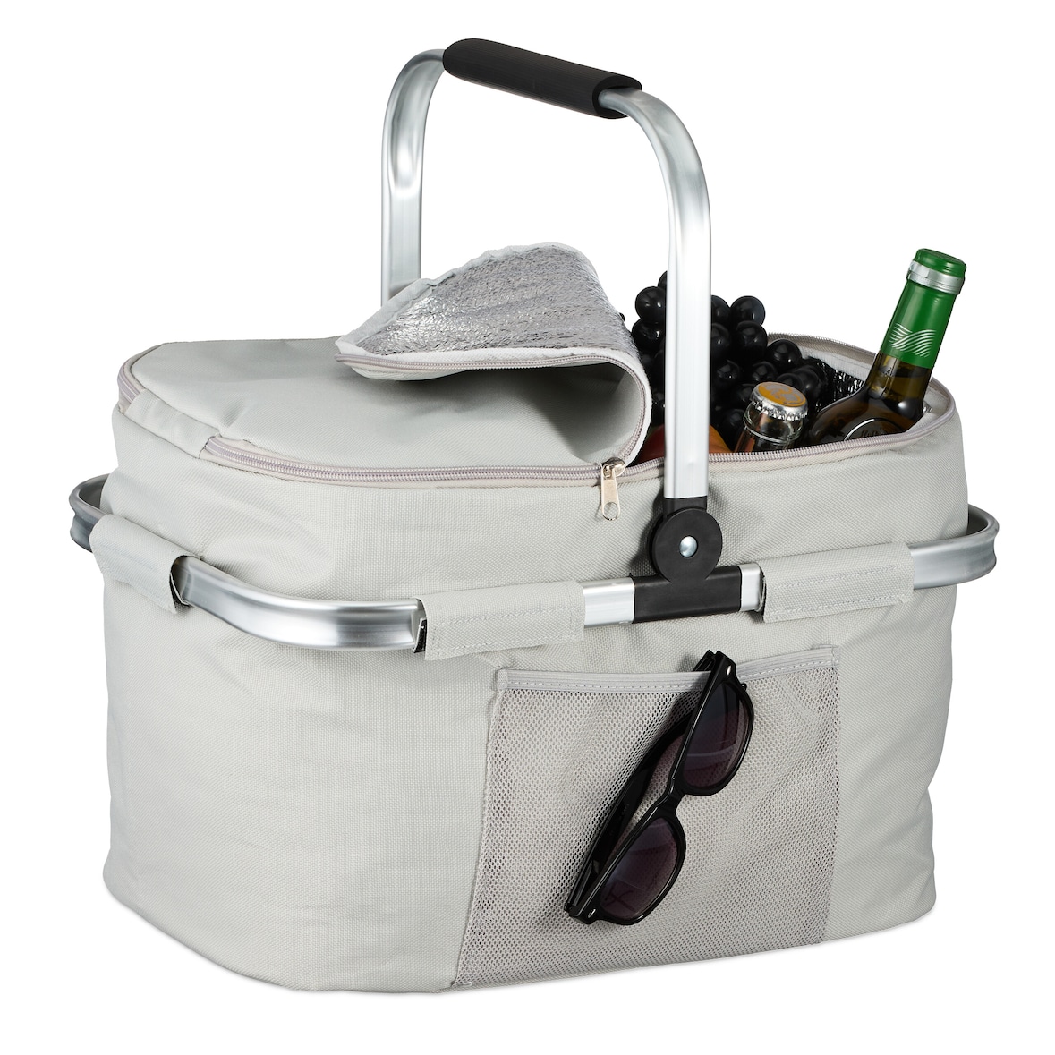 Relaxdays Einkaufskorb, faltbar, Tragegriff, HBT: 45 x 43 x 30,5 cm, Isoliertasche zum Einkaufen, Picknickkorb, hellgrau