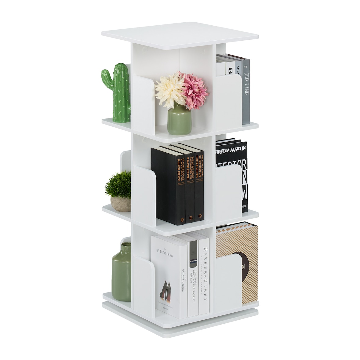 Relaxdays Bücherregal, 360 Grad drehbar, 3 Ebenen, Bücher, CDs, Deko, HBT: 95x39x39 cm, Wohnzimmer Drehregal, weiß