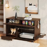 thumbnail of Merax Mobiler Katzentoiletten-Schrank auf Rollen, Kommode mit Stauraum, Sandauffangschale & Futternäpfen, 100x45.5x67cm, Nussbaum