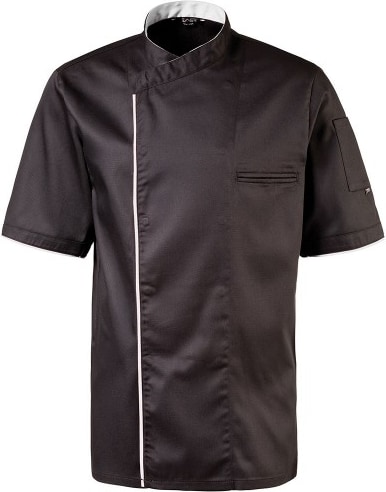 224 - Kochjacke halbarm, Druckknöpfe, Fb. schwarz mit farbiger Paspel : weiß 65% Polyester 35%Baumwolle 220 g/m² L