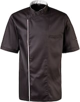 thumbnail of 224 - Kochjacke halbarm, Druckknöpfe, Fb. schwarz mit farbiger Paspel : weiß 65% Polyester 35%Baumwolle 220 g/m² L