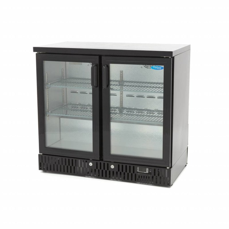 Maxima - 9400905 Refrigerador de bebidas 2 puertas con bisagras LED doble vidrio cerradura negro 214L 92x51,5x85 cm