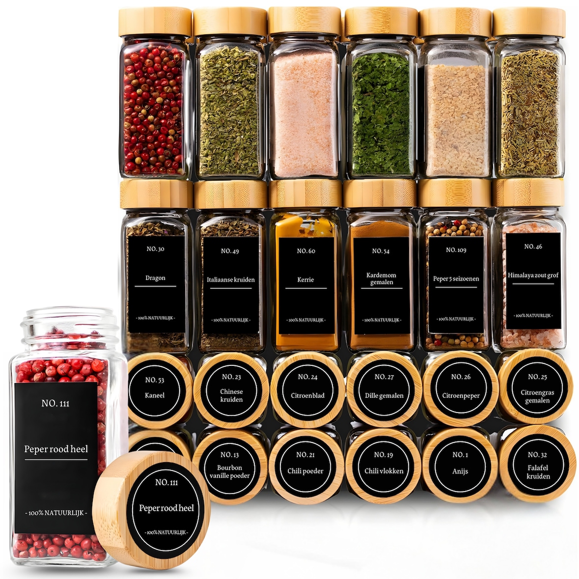 Five Stars® 24-delige Glazen Kruidenpotjes Vierkant met Bamboe Deksel – 2 Soorten Strooideksels – incl Stickers, Krijtstift, Vultrechter – 120ml