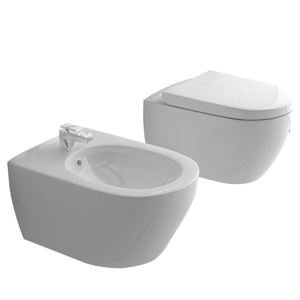 Spülrandloses Hänge-WC & Bidet mit Überlauf & Quick-Release D-Form WC-Sitz mit Absenkautomatik & inkl. Befestigungsmaterial | Komplett-Set |