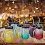 thumbnail of Relaxdays Trinkgläser mit Deckel und Strohhalm, 8er Set, 400 ml, Frosted-Optik, Sommergläser mit Henkel, bunt/schwarz