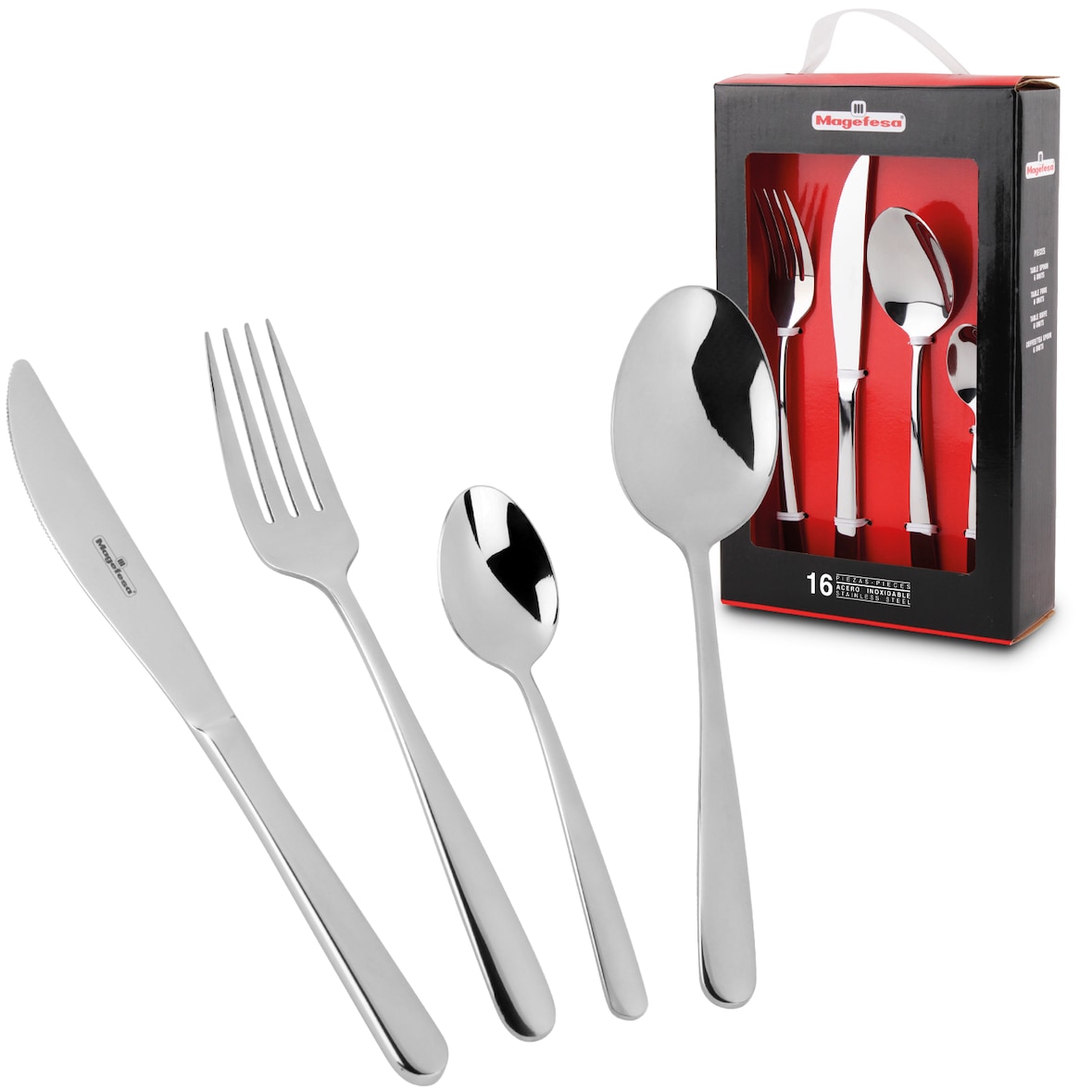 MAGEFESA VERA Cubertería de 16 Piezas Fabricada en Acero Inoxidable, 4 Comensales y Formada por Cuchillos de Mesa, Tenedores, Cucharas y Cucharillas