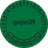 thumbnail of Prüfplakette ab 27, geprüft, grün/schwarz, Folie, Ø 30 mm - Bogen = 10 Plaketten - 30 mm Folie selbstklebend