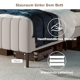 thumbnail of Polsterbett Einzelbett 90×200 mit verstellbarem Kopfteil, gepolstert, Leinenbezug, Massivholz und Metallrahmen, Schlafzimmer, Gästezimmer, Grau-Beige
