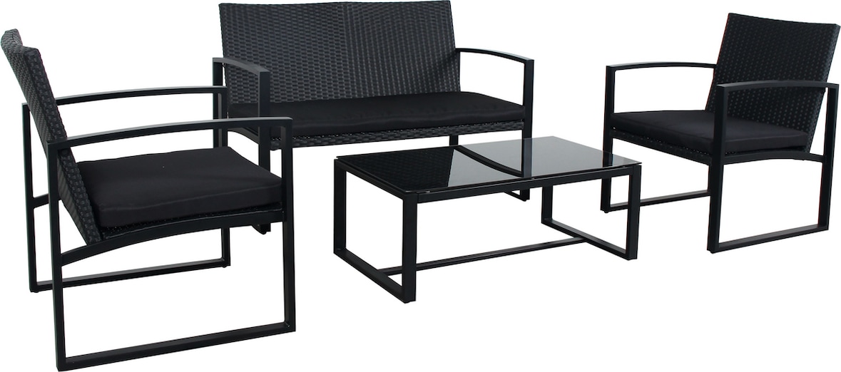 aro Set di mobili da esterno, acciaio/rattan sintetico, 2 poltrone, 1 divano, 1 tavolo, con cuscini, resistente alle intemperie, nero, 4 pezzi