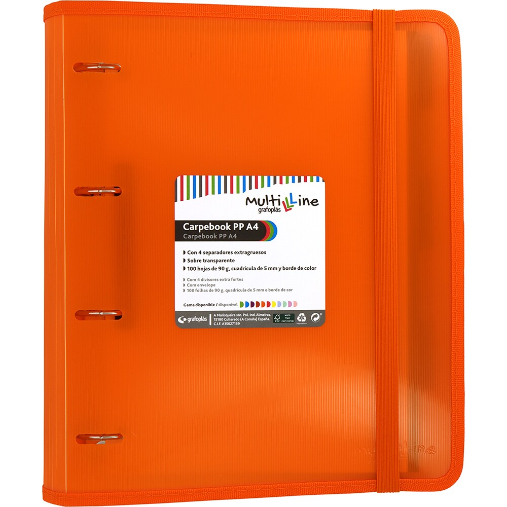 Pasta de argolas em polipropileno Carpebook Multiline A4 laranxa
