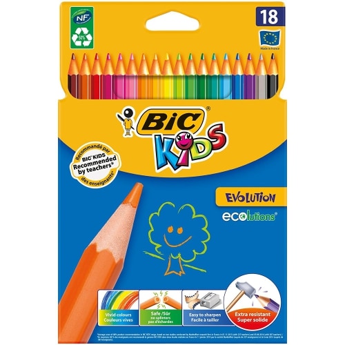 BIC Kids Evolution ECOlutions Crayons de Couleur - Coloris Assortis, Etui Carton de 18