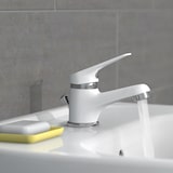 thumbnail of SPEED Waschtischarmatur mit Zugstange, Wasserhahn Bad mit Ablaufgarnitur, Mischbatterie Waschbecken in Weiß/Chrom