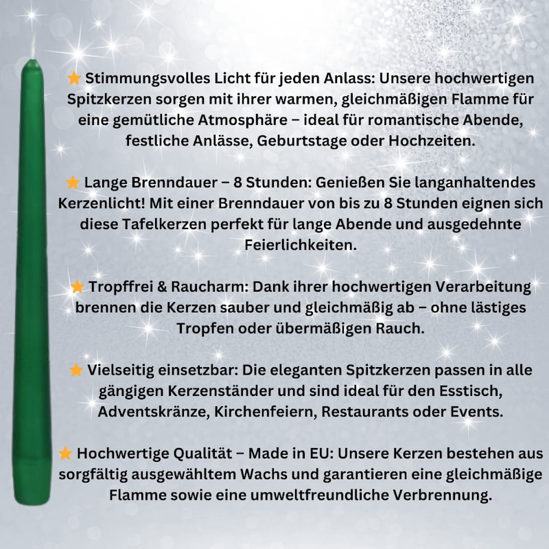 Grüne Stabkerzen für stimmungsvolles Licht und lange Brenndauer.