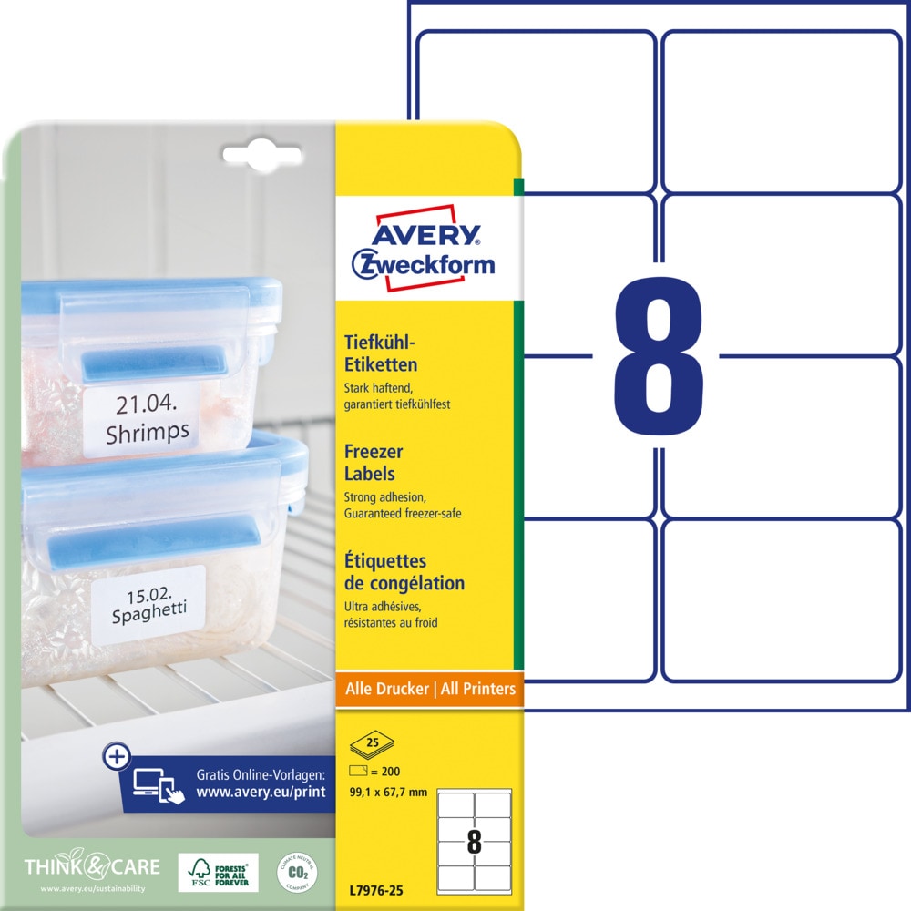 Avery Zweckform L7976-25 Tiefkühl-Etiketten, 99,1 x 67,7 mm, kälteresistentes Papier, 25 Bogen/200 Etiketten, weiß