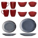 thumbnail of Natural 16tlg Kombiservice rot & blau Steingut 4 Personen Becher Schalen Teller