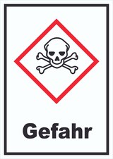 thumbnail of Schild akut toxisch Gefahr Toxizität Totenkopf hochkant A3 Rückseite selbstklebend