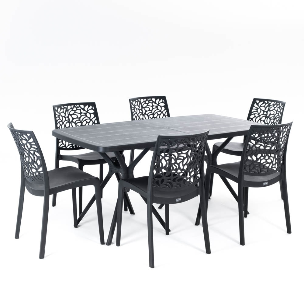 Conjunto de comedor exterior OLIVER + 6 sillas ANNA en resina con fibra de vidrio, diseño moderno y resistente, para jardín, terraza o porche - Negro