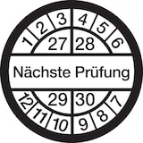 thumbnail of Prüfplakette ab 27, Nächste Prüfung, weiß/schwarz, Ø 16 mm - Bogen = 10 Plaketten - 16 mm Folie selbstklebend