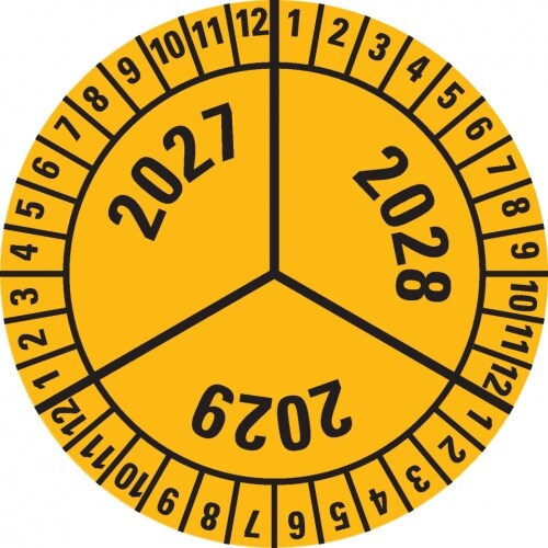 Dreifke® Prüfplakette 2027-2029, gelb, Dokumentenfolie, selbstklebend, Ø 40mm, 10 St/Bogen