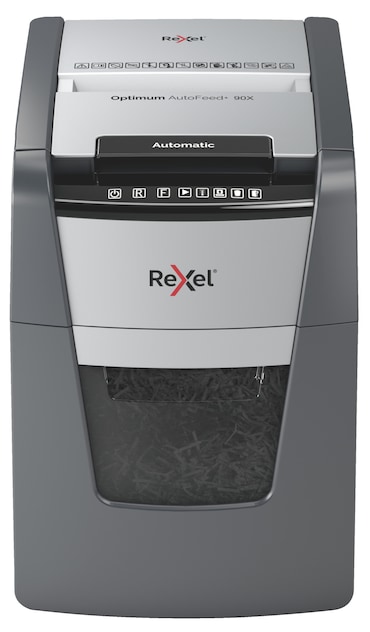REXEL Optimum Auto Feed+ 90X, Distruggidocumenti Automatico, 90 Fogli, Taglio frammento, Sicurezza P-4, Cestino estraibile da 34L, 2020090XEU