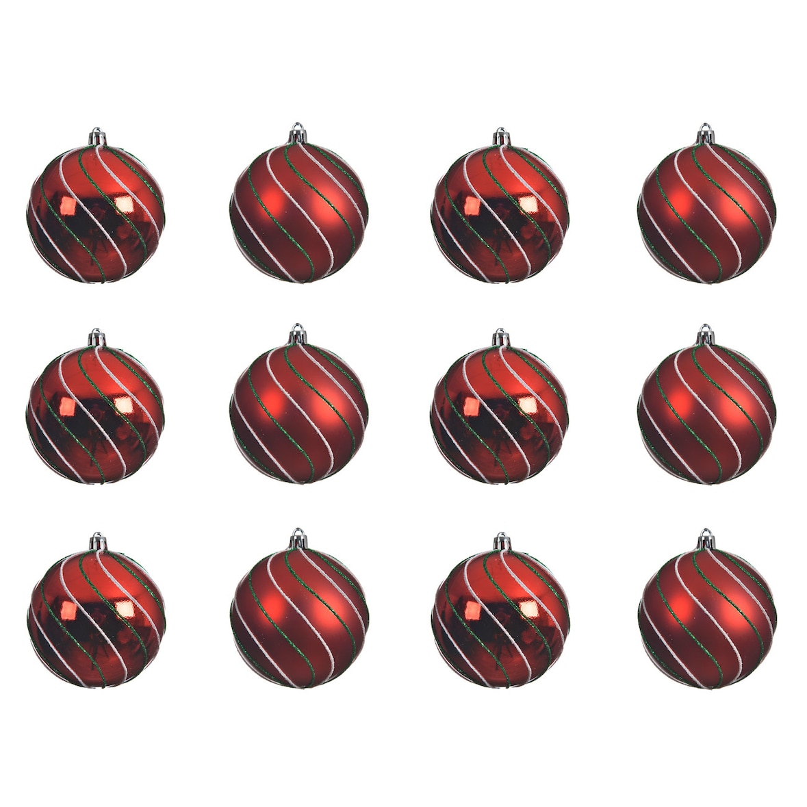 12 Weihnachtskugeln 8cm Kunststoff Glitzerstreifen Christbaumkugeln Muster rot