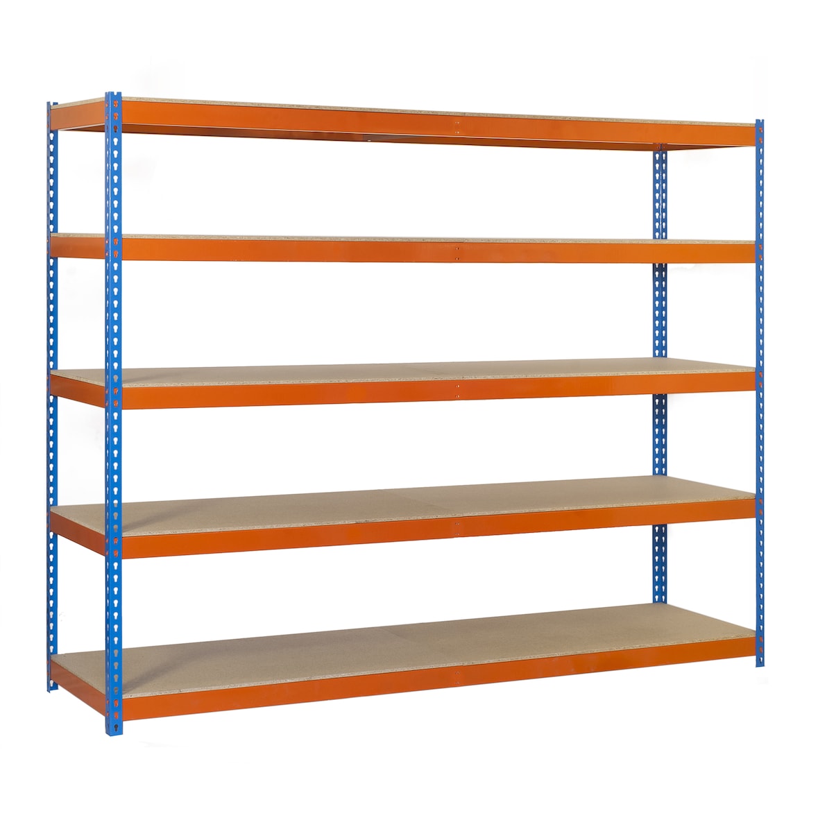 Simonforte Scaffalatura metallica media in truciolato 5 ripiani. Colore blu/arancio/legno 2000x1800x450 mm
