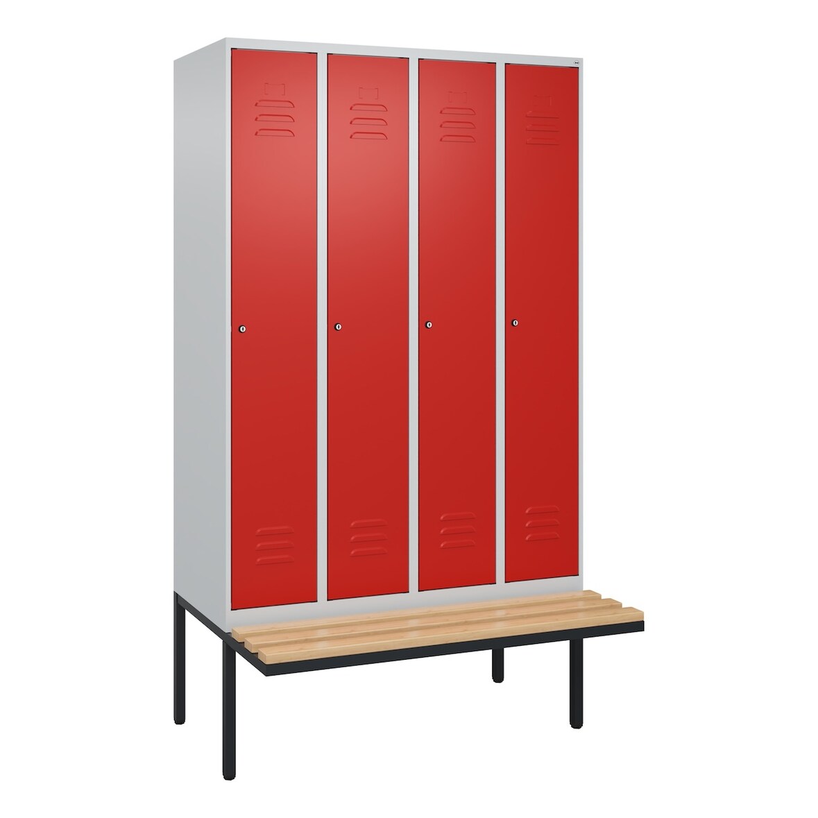 C+P Spind Classic PLUS, schwebender Sitzbank aus Buche 4 Abteile, HxBxT 212x120x82cm, Zylinderschloss, Hellgrau/Rot von PROREGAL