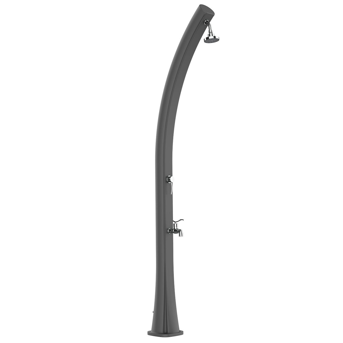 Douche solaire Rio, grise, structure courbe en PEHD, 226cm, pomme 10cm, réservoir 25L, lave-pieds, robinets en laiton.