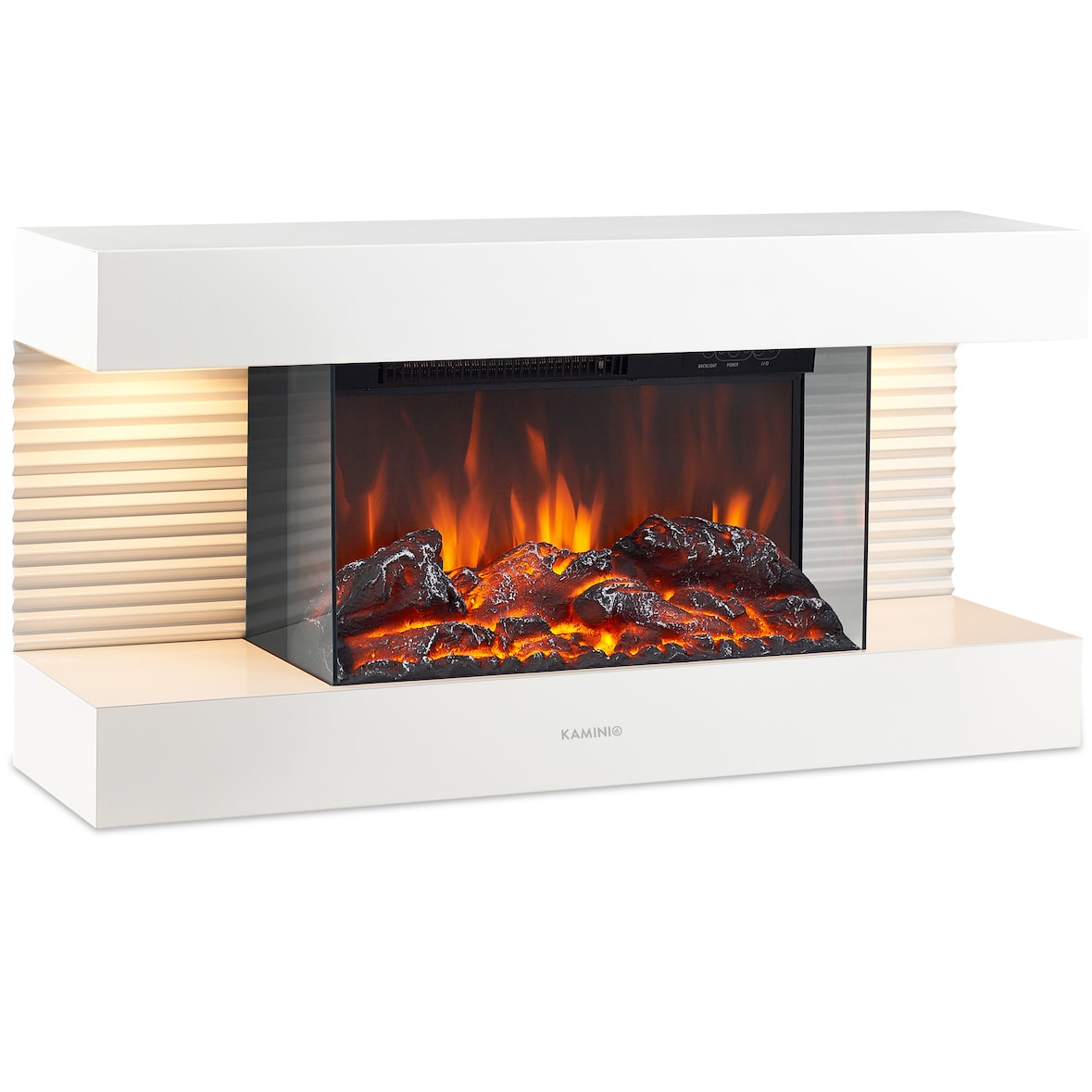 KAMINIO Lareira Elétrica LIZ - Lareira elétrica de parede com aquecimento, efeito de chama 3D, Luz ambiente LED, controle remoto - Branco