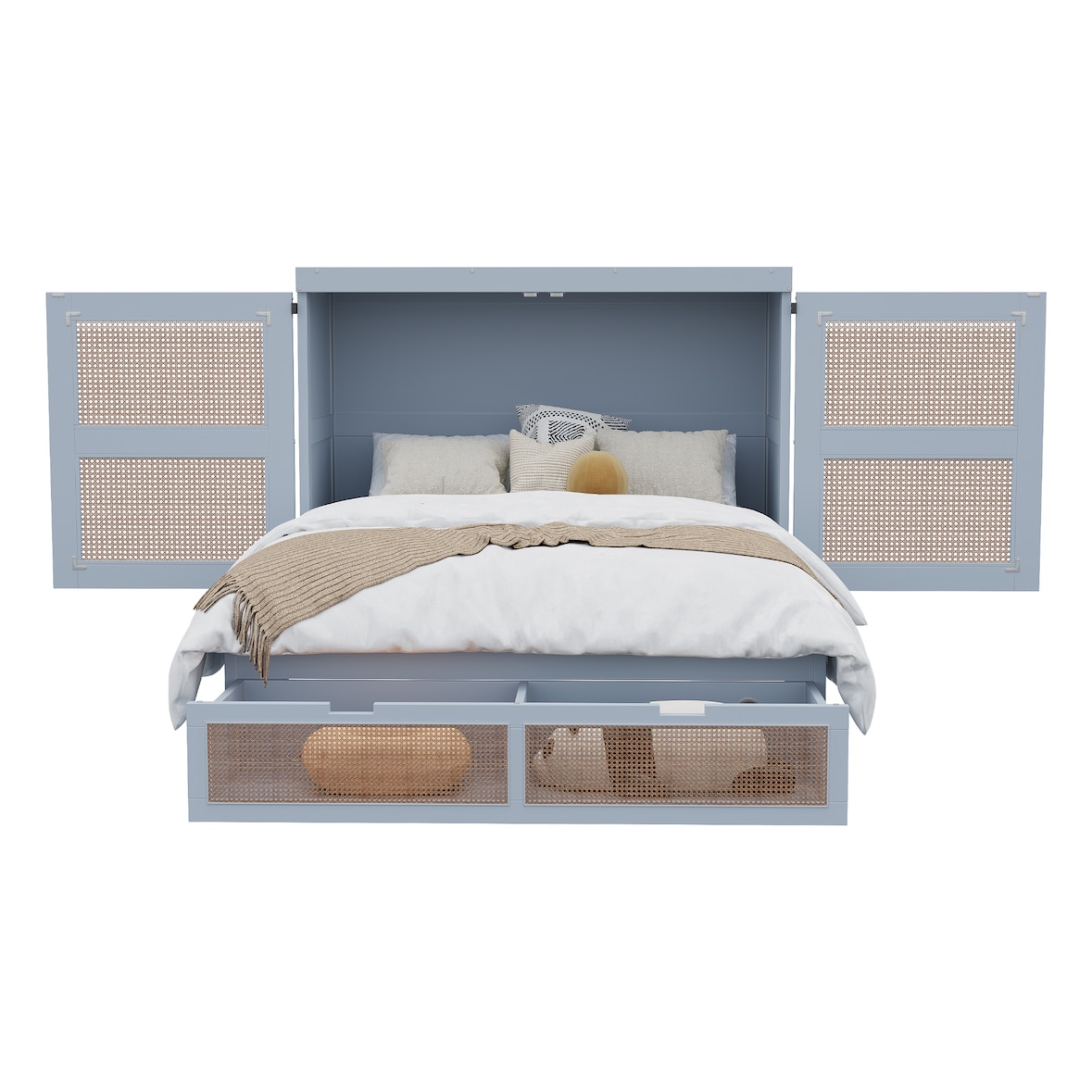 Schrankbett 140x200 cm mit Stauraum – platzsparendes Klappbett im modernen Rattan-Design, grau, ideal für kleine Räume