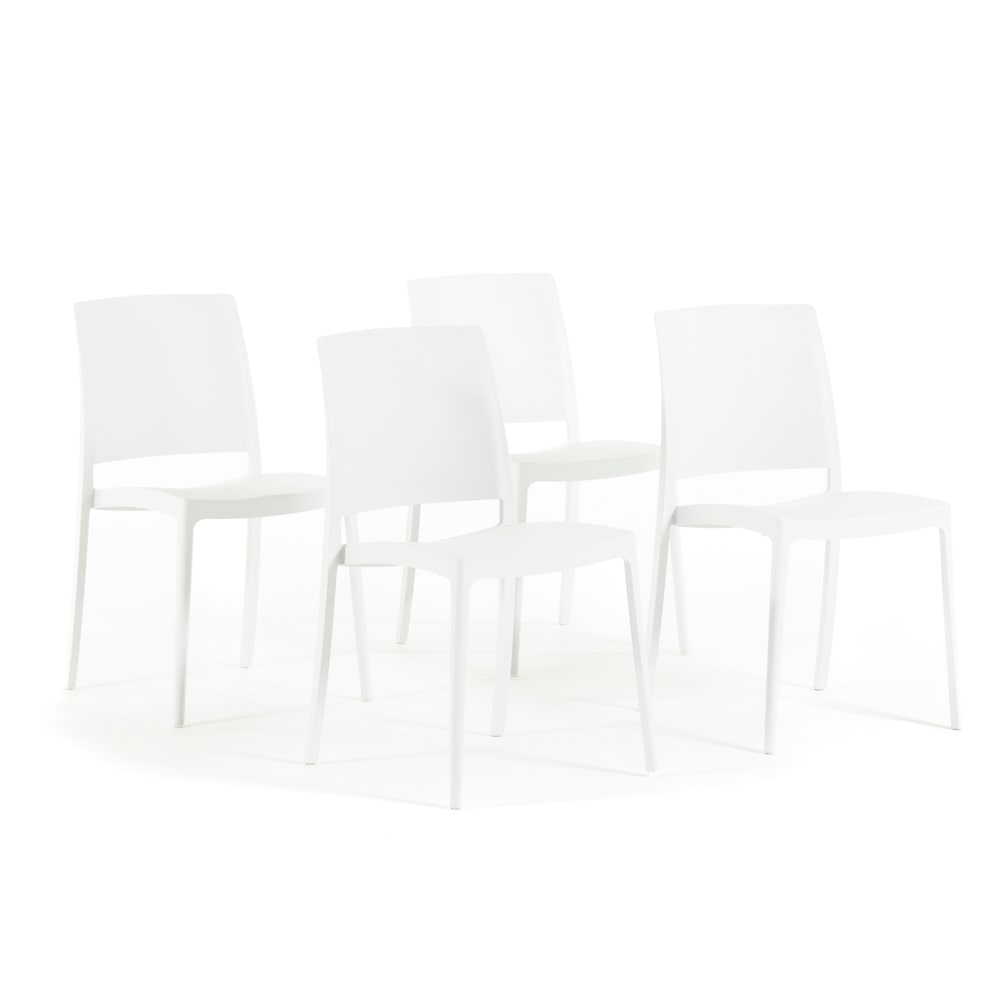 Set van 4 stapelbare stoelen van polypropyleen met glasvezel, voor tuin of binnengebruik, waterafstotend en duurzaam, modern design – MARIA – Wit