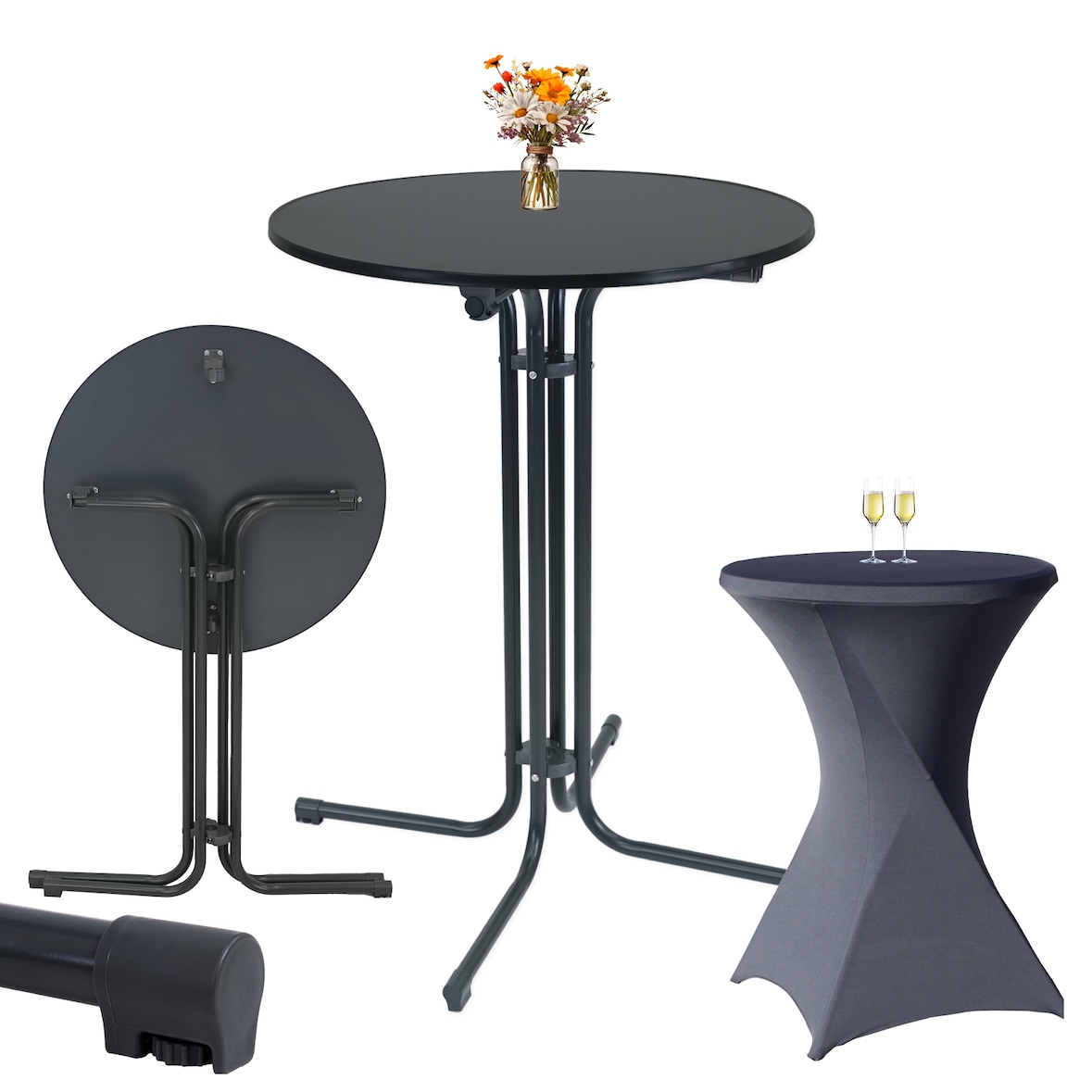 Set Stehtisch klappbar Ø 80 cm in Anthrazit & Husse waschbar bügelfrei in Anthrazit für Bistrotisch