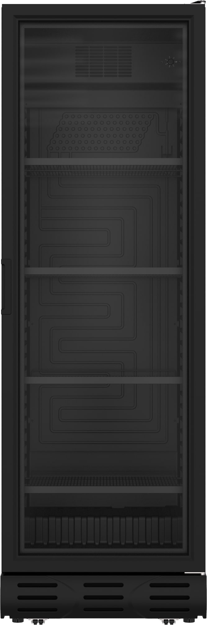 Un frigorifero per bevande nero con porta in vetro.