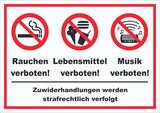 thumbnail of Schild Essen Trinken Musik Rauchen verboten A5 (148x210mm)